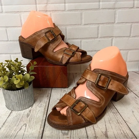 Freebird Brown Leather Mules with Buckle Detail - Picture 1 of 7
